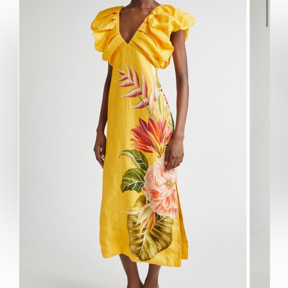 FARM Rio Yellow Ruffled Maxi Dress with Puff Sleeves